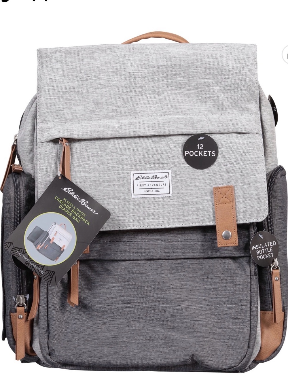 Eddie Bauer Light Gray and Dark Gray Diaper Backpack with Tan Trim